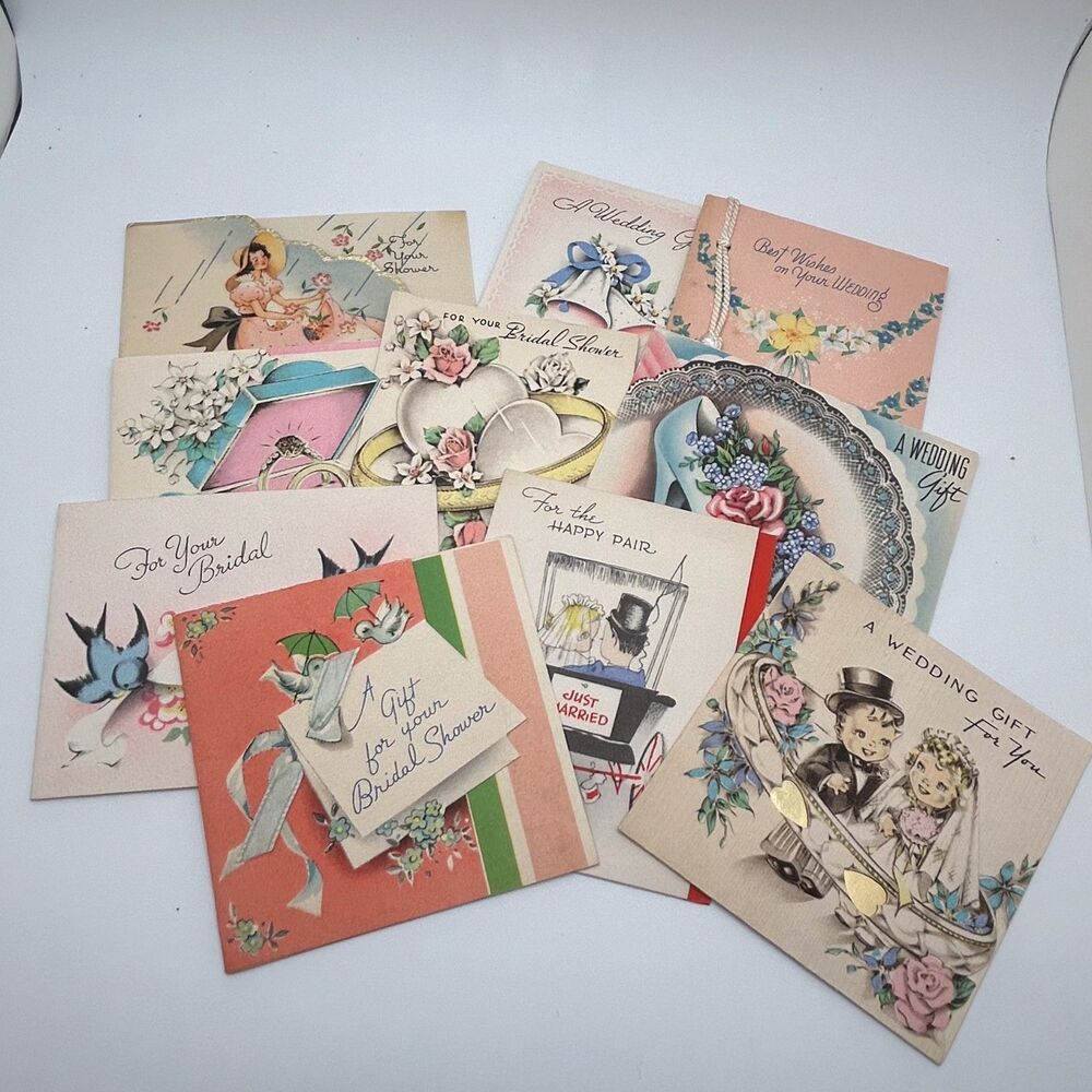 Lot 10 Vintage 1940s Wedding Shower Cards Gibson Ephemera Used